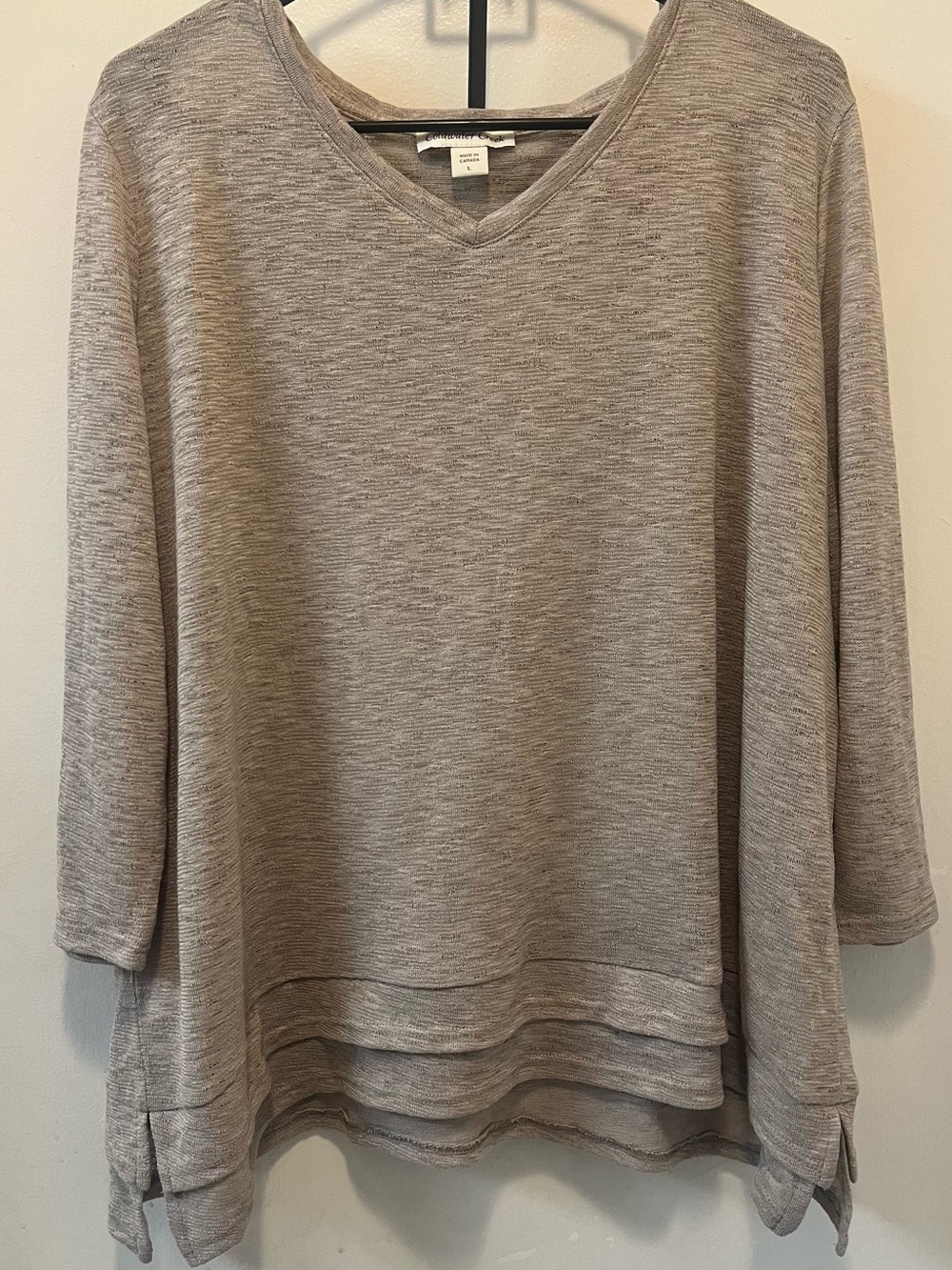 Coldwater Creek Taupe V-Neck Long Sleeve Layered-Hem Top